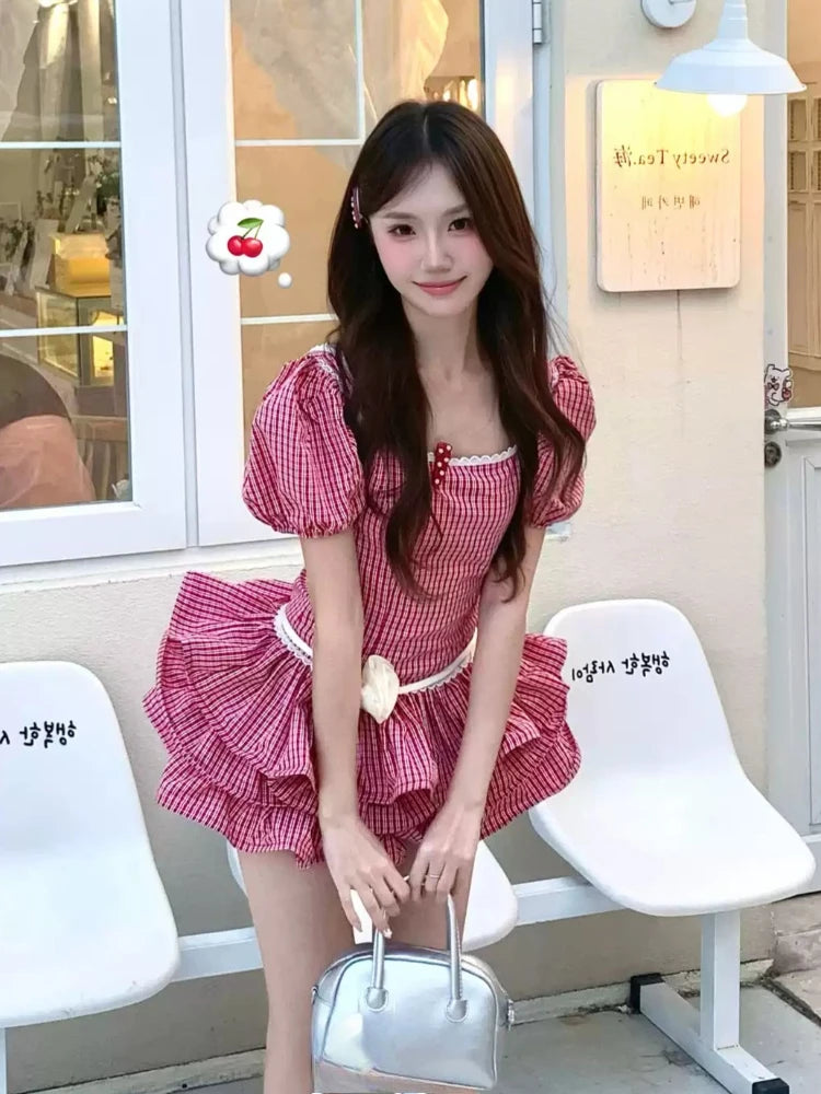 LIZAKOSHT  -  New Sweet Vintage Elegant 2 Piece Set Women Chic Puffy Sleeve Slim Dress + High Waist Pants Japanese Fashion Casual Chic Outfits