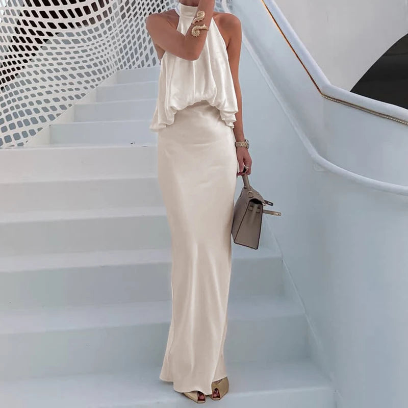 LIZAKOSHT  -  Elegant Solid Off Shoulder Patchwork Dress Luxury Satin Sleeveless A-List Dress Sexy Hang Neck High Waist Office Commuting Dress