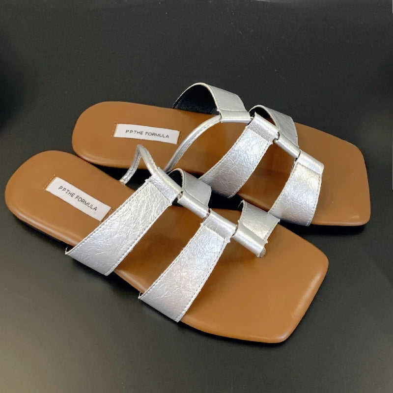 LIZAKOSHT  -  Designer Set Toe Flat Sandals Women Fashion Square Head Hollow Slippers Summer Party Soft Bottom Beach Shoes Flip Flops Women