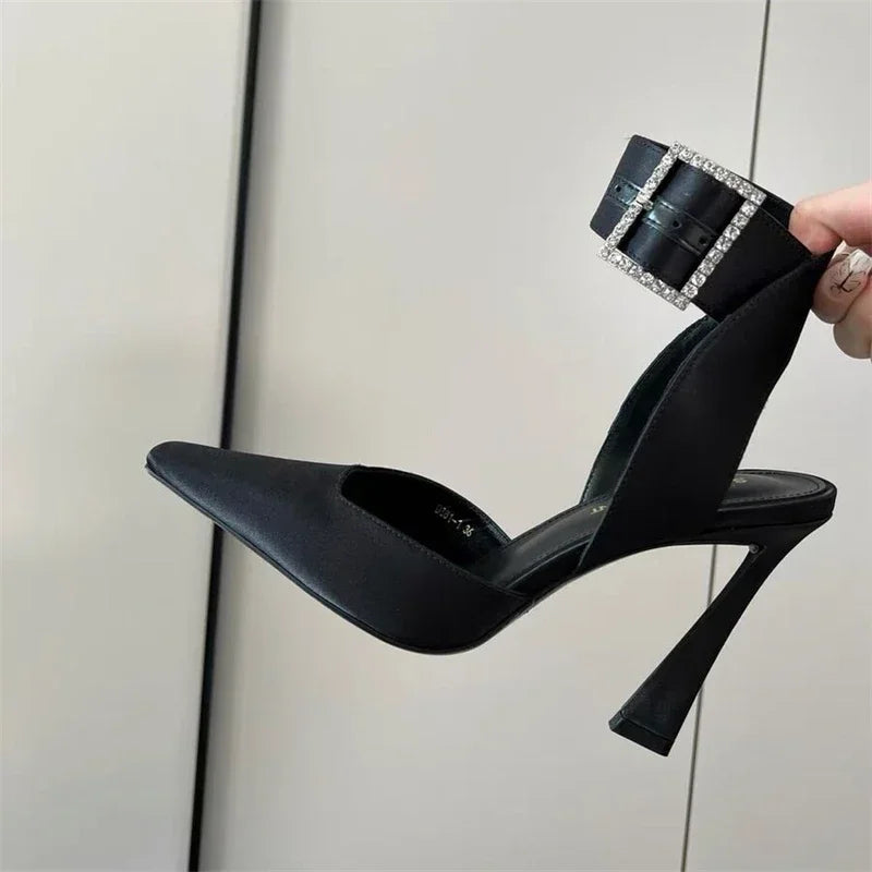 LIZAKOSHT  -  Sexy Fine High Heels Women Pointed Designer Sandals Ankle Strap Rhinestone Square Buckle Sling Back Pumps Sandalias Mujer