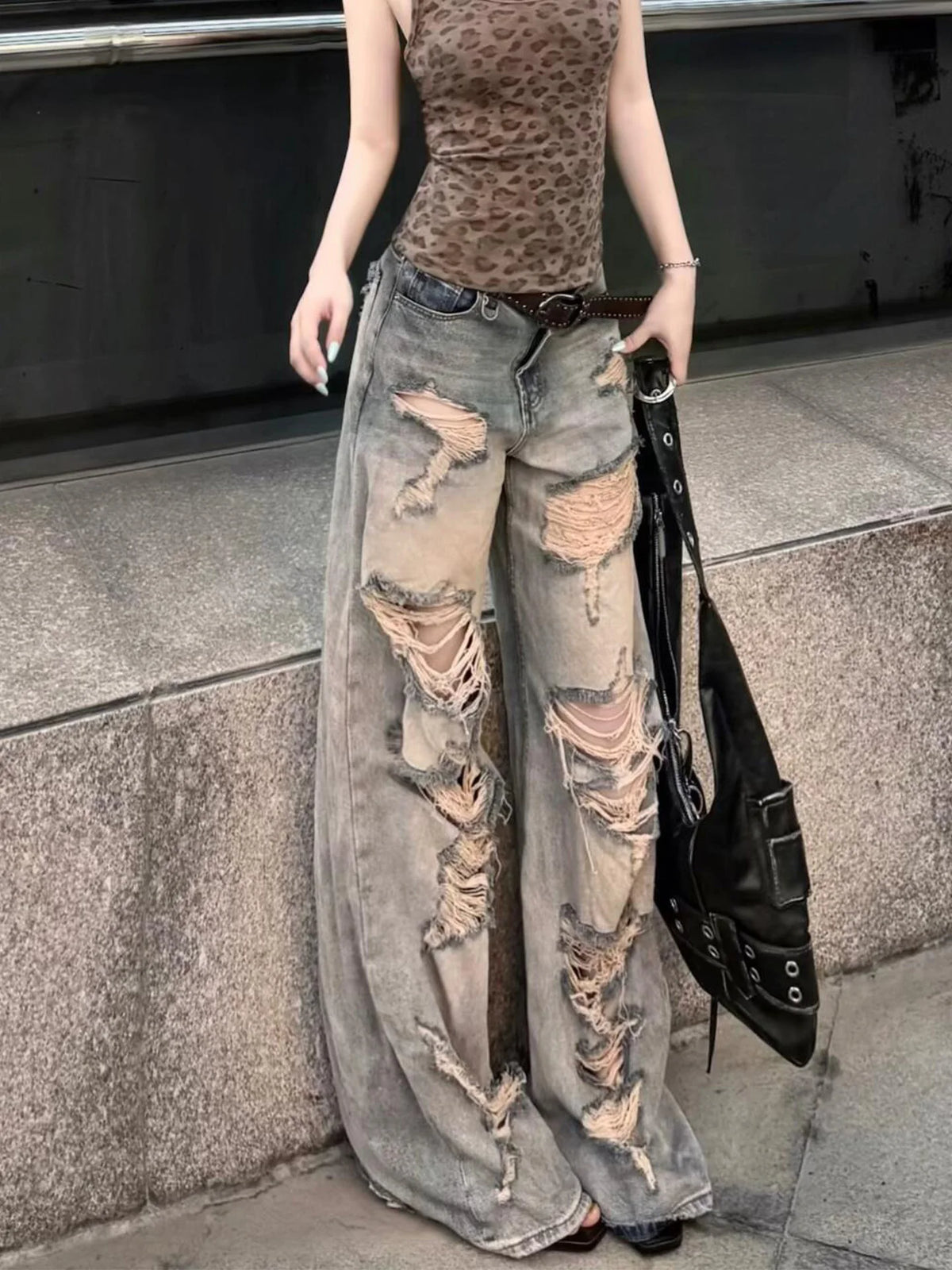 LIZAKOSHT  -  Summer Slimming Skinny Jeans American Style Worn-Wash Hole Punching Wide Leg Jeans Thin Denim Pants for Young Women
