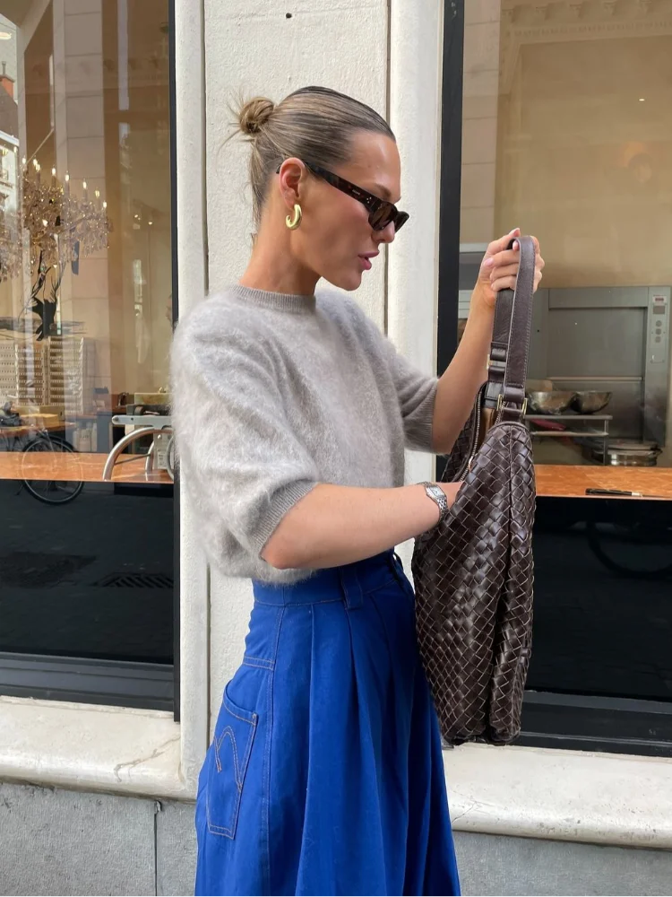 LIZAKOSHT  -  Chic Short Sleeve Mohair O-neck Pullover Women Fashion Oversized Grey Knitted Sweater New Female Autumn Commute Outerwears