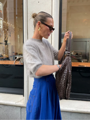 LIZAKOSHT  -  Chic Short Sleeve Mohair O-neck Pullover Women Fashion Oversized Grey Knitted Sweater New Female Autumn Commute Outerwears