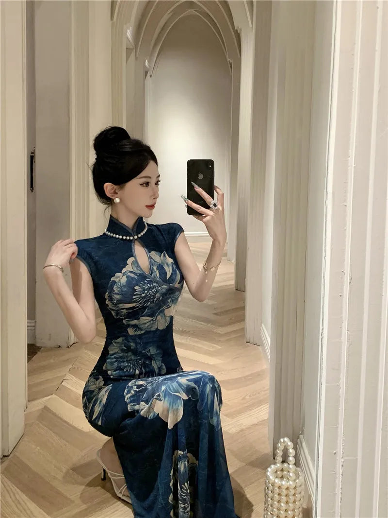 LIZAKOSHT  -  Retro Fashion Pearl Women's Skirt Slim Fit Printed High Quality Slimming  Dress Korean Style Stand Collar Wrap around