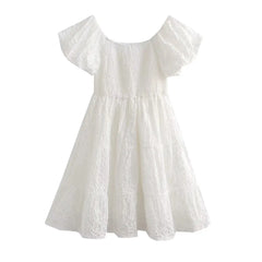 LIZAKOSHT  -  White Floral Embroidery Lace Mini Dresses for Women Off Shoulder Puff Sleeve Shirred Chest Short Dress Summer Boho Beach