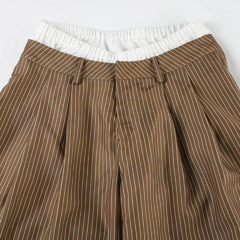 LIZAKOSHT  -  Summer New Cross Border Waist Patch Stripe Casual Pants Simple Drape Contrast Straight Suit Pants