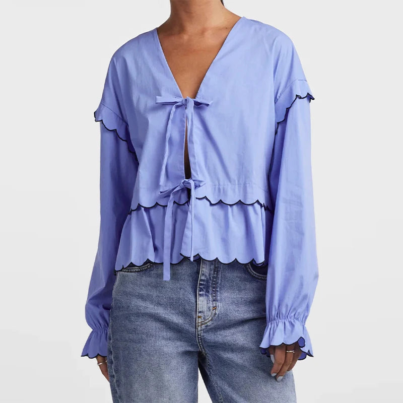 LIZAKOSHT  -  Casual Wave-edged Strap Blouse For Women V-neck Hollow Out Lace Up Ruffled Shirts Female Spring Summer New Chic Lady Tops