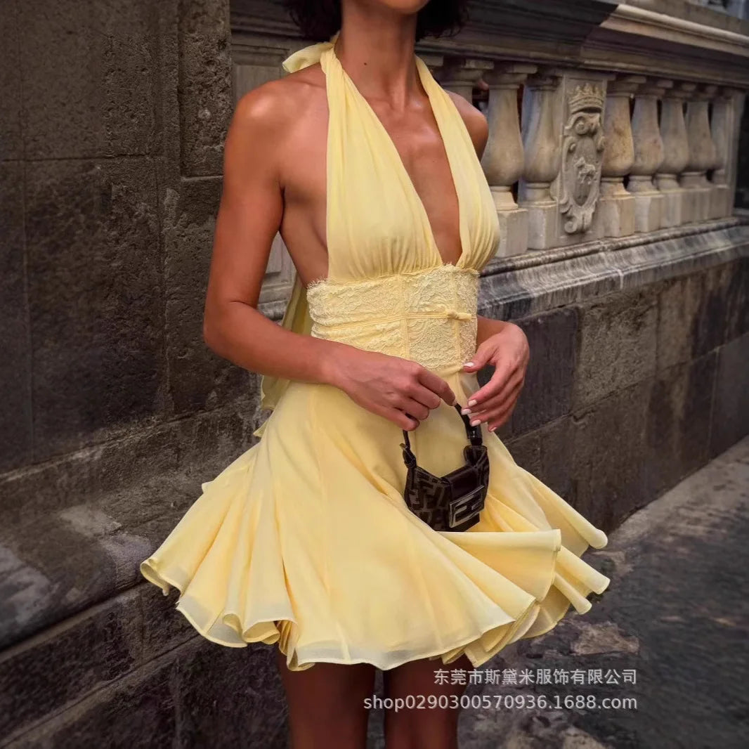 LIZAKOSHT  -  Summer Yellow Lace Women Prom Dress Sexy V Neck Halter Sleeveless Backless Party Gown Short Mini Robe Casual Beach Holiday Skirt