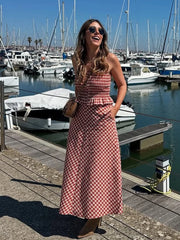 LIZAKOSHT  -  Plaid Vintage Summer Skirt Set for Women Spring Casual New in Dress Set 2 Pieces Red Midi Dress Beach Matching Set