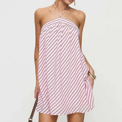LIZAKOSHT  -  New Sexy Backless Lace Up Party Dresses Woman Chic Stripe Print Halter Mini Dress Summer Casual Sleeveless Hollow Out Boho Dress
