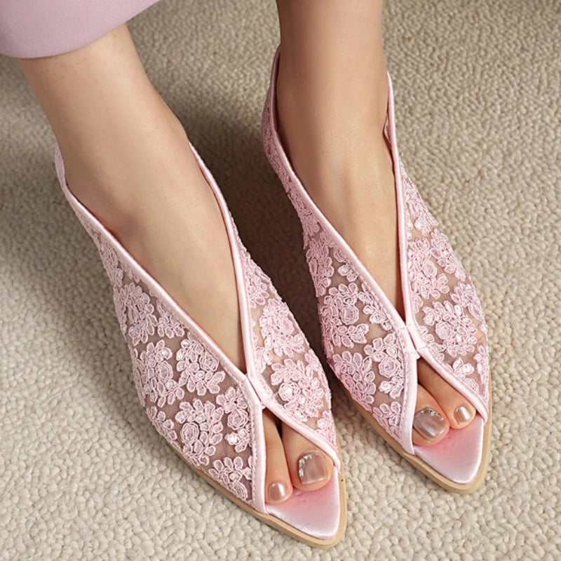 LIZAKOSHT  -  Breathable Summer Shoes Sandals Fashion Lace Blue Pink White Party Shoes Footwear Large Size Peep toe Low Heels Women's Sandals
