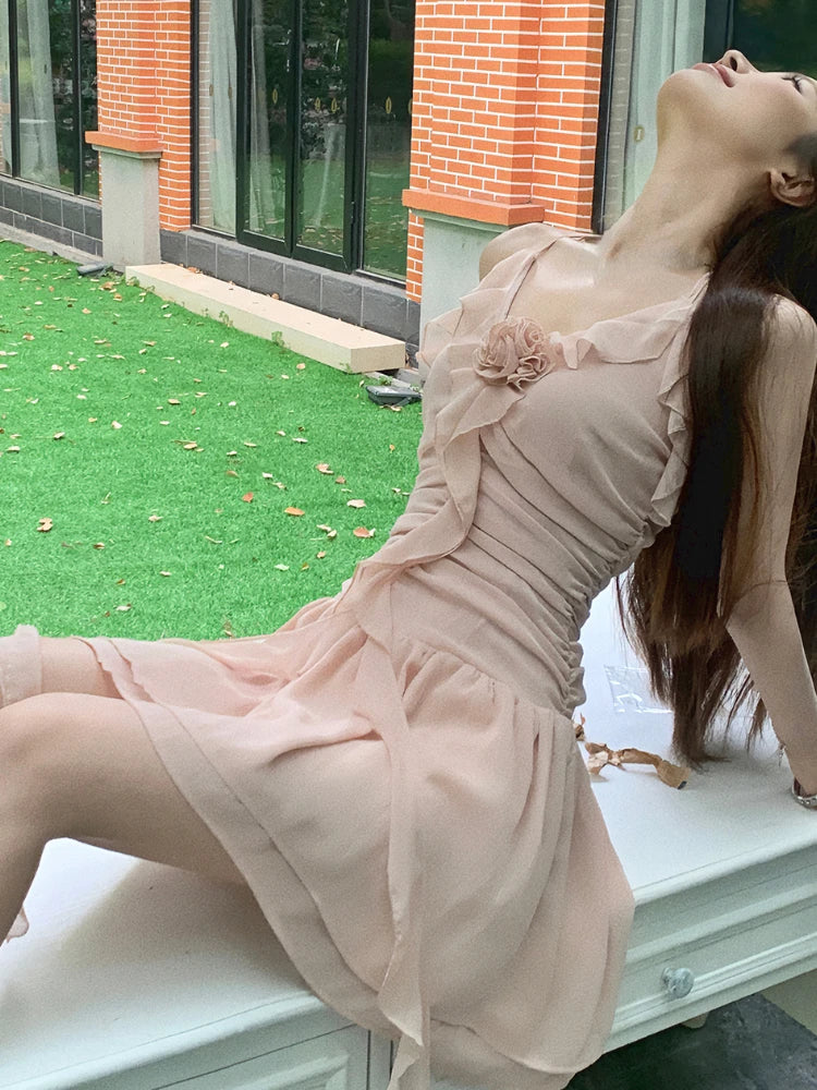 LIZAKOSHT  -  Summer Pink Elegant kawaii Dress Women Chiffon Korean Fashion Party mini Dress Female sexy casual Sweet Suspender Dress New