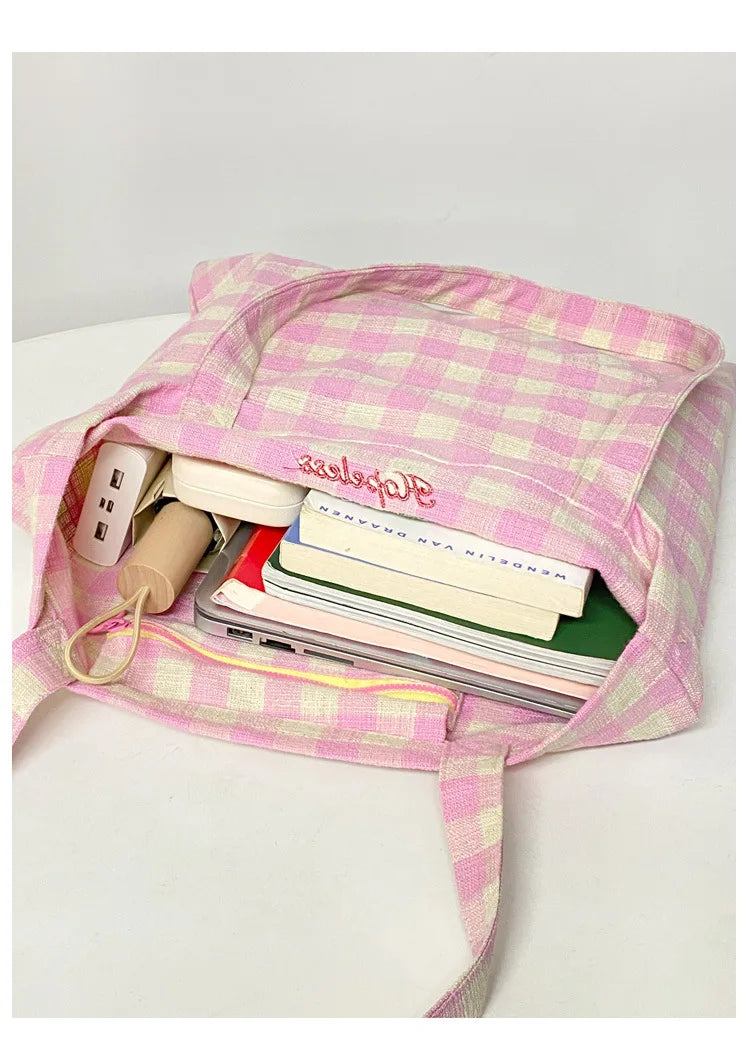 LIZAKOSHT  -  Women'S Canvas Plaid Printed Shoulder Bag Daily Commute Bag Large Capacity Supermarket Shopping Bag