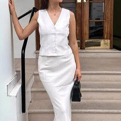 LIZAKOSHT  -  White Long Dress Set V-Neck Sleeveless Vest Top Elegant Long Skirt Set Summer Fashion Party Looks Women Long Dress Set