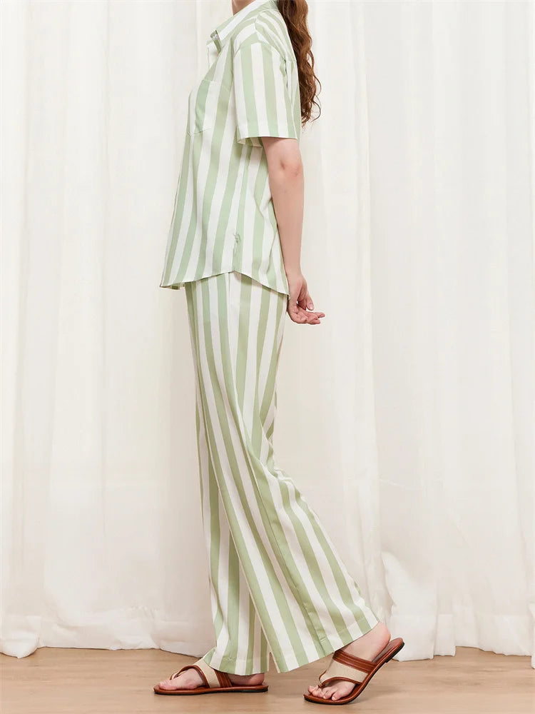 LIZAKOSHT  -  Women Striped Print 2 Pieces Pajama Set Short Sleeve Buttons Up Shirts with Elastic Waist Wide Leg Pants Outfits