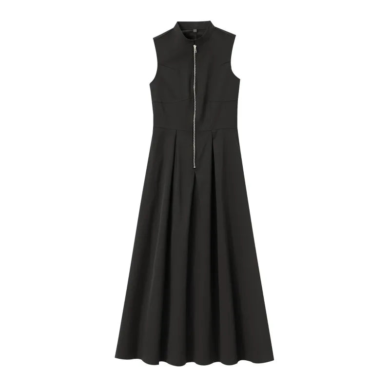 LIZAKOSHT  -  Solid Color Fashion Long Dresses for Women Zip Sleeveless Maxi Dress Woman Summer Holiday Ruched Party French Style Female Dress