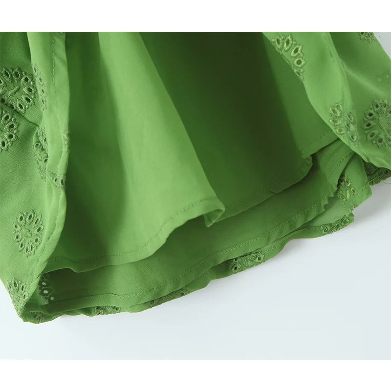 LIZAKOSHT  -  2024 Women Green Floral Embroidery Tank Summer Dresses Sexy Sleeveless V Neck A-line Short Dress