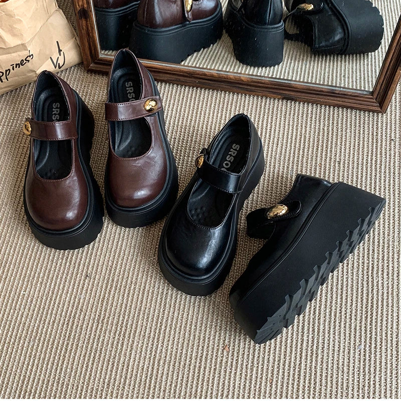 LIZAKOSHT  -  Autumn Vintage Platform Women Mary Jane Shoes  Fashion Outdoor Stripper Shoes Ladies Thick High Heels jk Leather Pumps