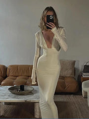 LIZAKOSHT  -  Sexy Deep V Neck Slim Hollow Out Gowns Women Solid Silk Pleated Long Sleeve Slim Maxi Dress New High Street Club Lady Vestidos