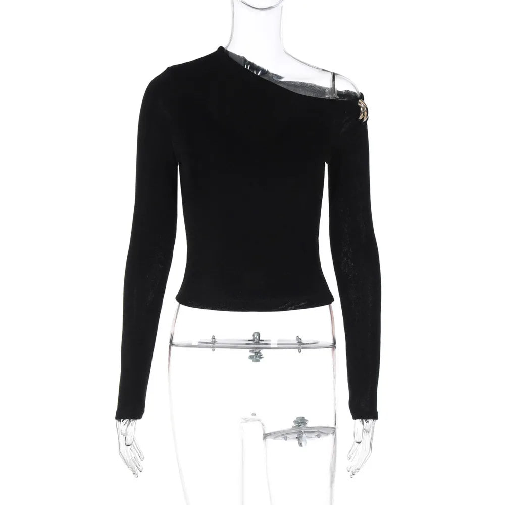 LIZAKOSHT  -  Oblique Shoulder Long Sleeve Tops For Women Metal Buckle Slim Fit Sexy Solid Color Bodycon Fashion BasicTop Streetwear