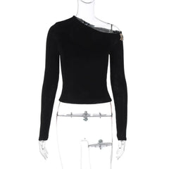 LIZAKOSHT  -  Oblique Shoulder Long Sleeve Tops For Women Metal Buckle Slim Fit Sexy Solid Color Bodycon Fashion BasicTop Streetwear
