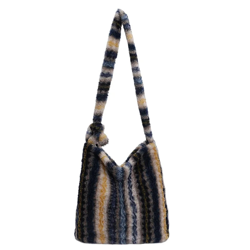 LIZAKOSHT  -  New Winter Autumn Plaid Furry Crossbody Bag Women Large Capacity Retro Shoulder Tote Bucket Bag Simple and Versatile Storage Bag