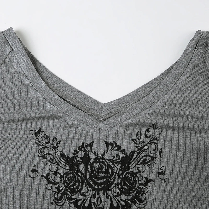 LIZAKOSHT  -  Gothic Graphic Prints Knit T-shirts Aesthetic Gray V- Neck Long Sleeve Tees Vintage Top Y2k Women's Clothes Autumn 2024