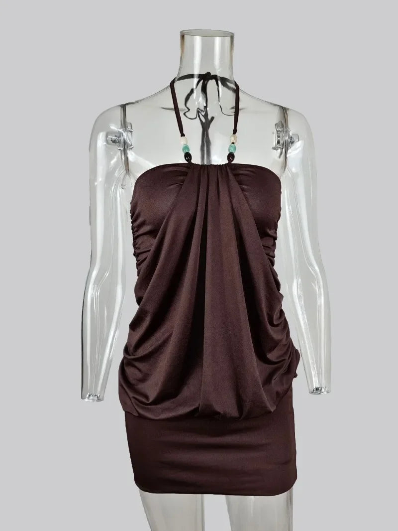 LIZAKOSHT  -  Women Halter Milk Silk Beaded Ruched Bodycon Mini Dress Sleeveless Slim Sundress Club Party Daily Vacation Ladies Outfit