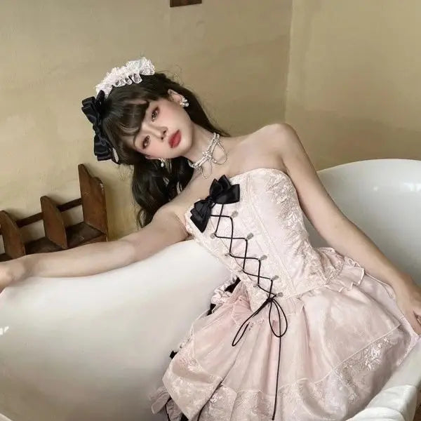 LIZAKOSHT  -  Japan Summer Original Japanese Harajuku Cool Girl Fashion Black Pink Bow Dress Female Temperament Sweet Kawaii Princess Dress