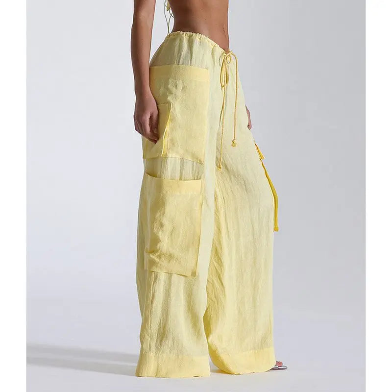 LIZAKOSHT  -  Women's Y2K Cargo Long Pants Solid Color Drawstring Elastic Low Waist Wide Leg Trousers with Multi Pockets Streetwear