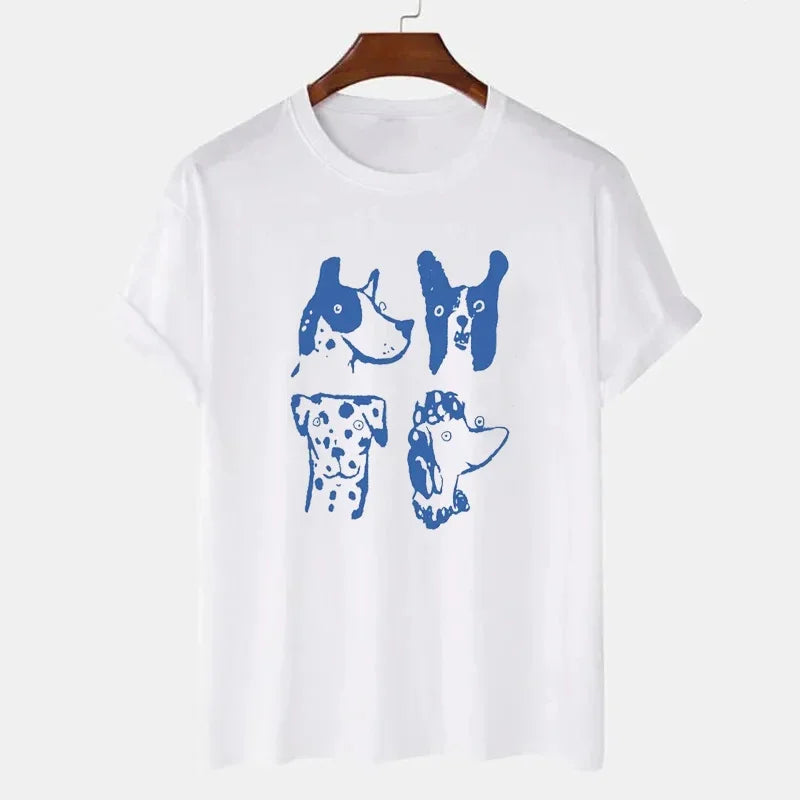 LIZAKOSHT  -  Funny Women Short Sleeve Loose Cotton Casual Tops Cartoon Dogs Printing Kpop White T Shirts Crewneck Dog Lover's Tees Streetwear