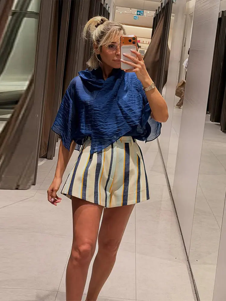 LIZAKOSHT  -  Striped Pleated Casual Bottom Adjustable Waist  A-Line Spring Summer Chic Seaside Shopping Casual Work Women Retro Outfit