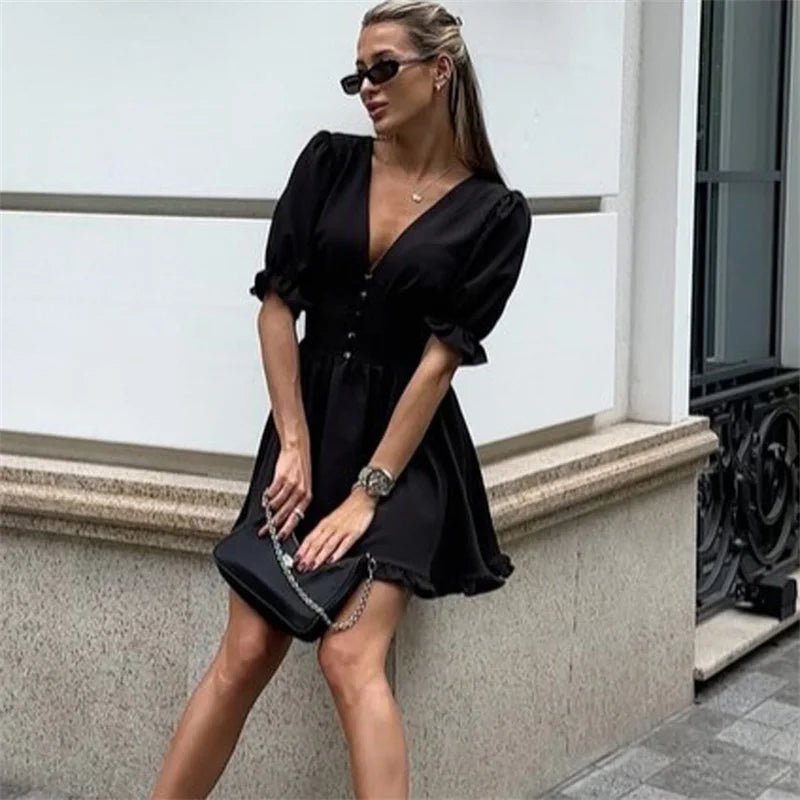 LIZAKOSHT  -  Deep V-neck Puff Sleeve Mini Dress Women Sexy High Waist Patchwork Button Fashion Slim Black A-line Club Party Dress