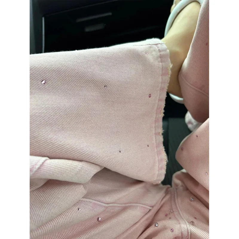 LIZAKOSHT  -  Hot Diamond Design Pink Y2k Baggy Jeans High Waist Button Streetwear Denim Pants Plus Size Vintage Wide Leg Trousers For Women