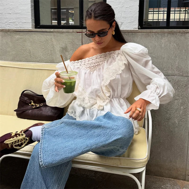 LIZAKOSHT  -  Sexy Off-Shoulder Lace Patchwork T-Shirt Top Women Lantern Sleeve Fashion Casual Solid Female T-shirt Top Streetwear