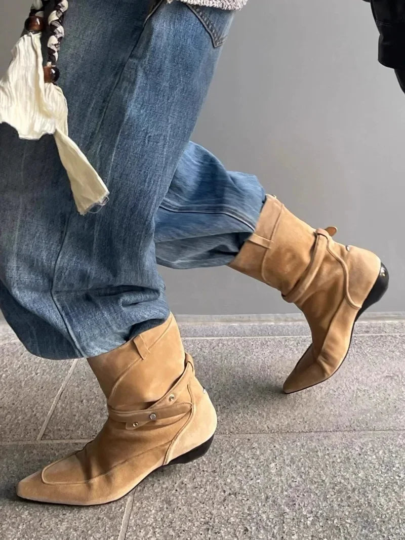 LIZAKOSHT  -  Winter New Suede Ankle Boots Women Fashion Retro Pointed Toe Belt Buckle Design Wedge Cowboy Boots Botines Para Mujeres