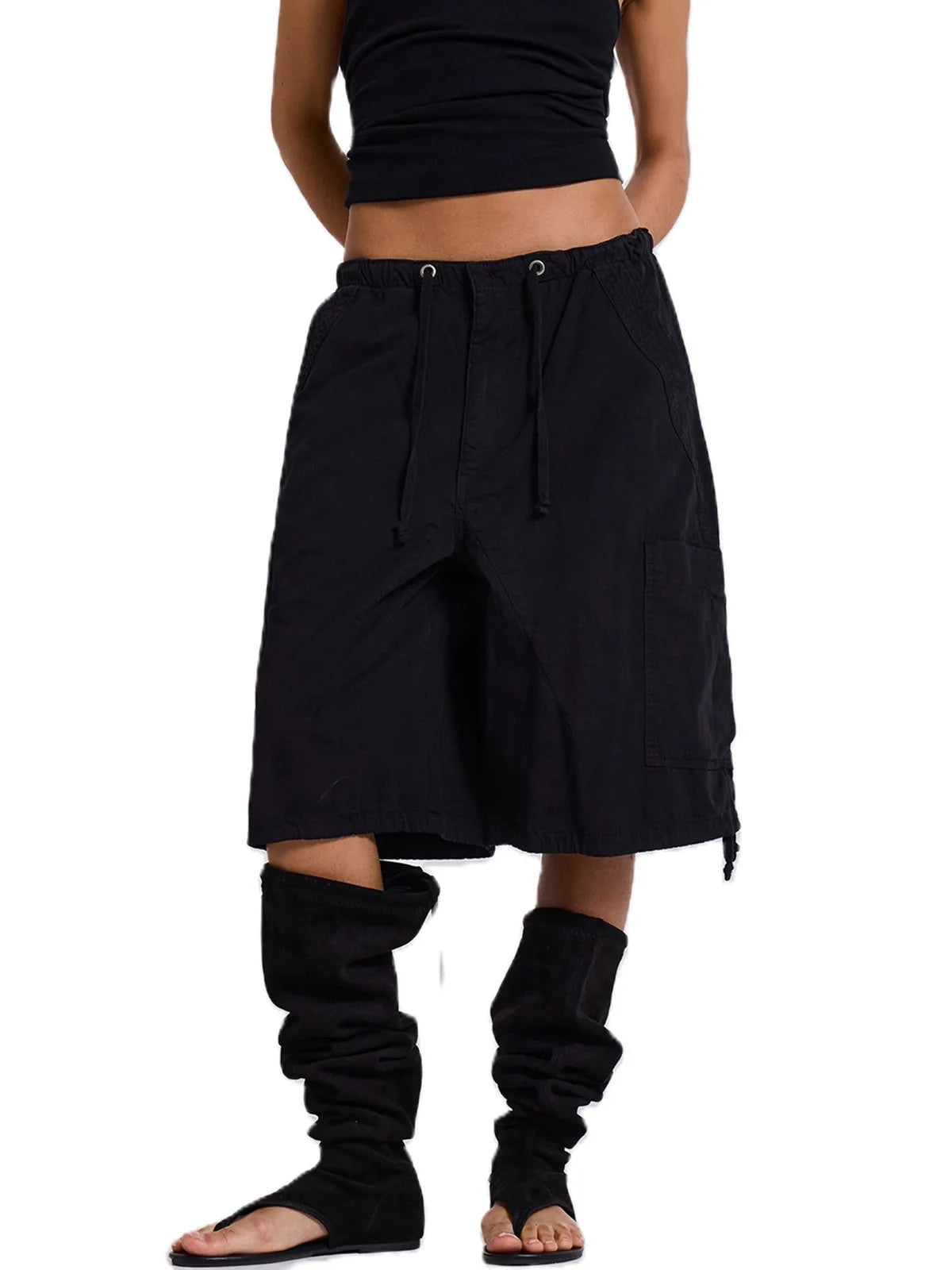 LIZAKOSHT  -  Euramerican Safari Style Drawstring Half Pants Y2k All Match Side Pockets Design Casual Women Wide Trousers Stright Short Pants