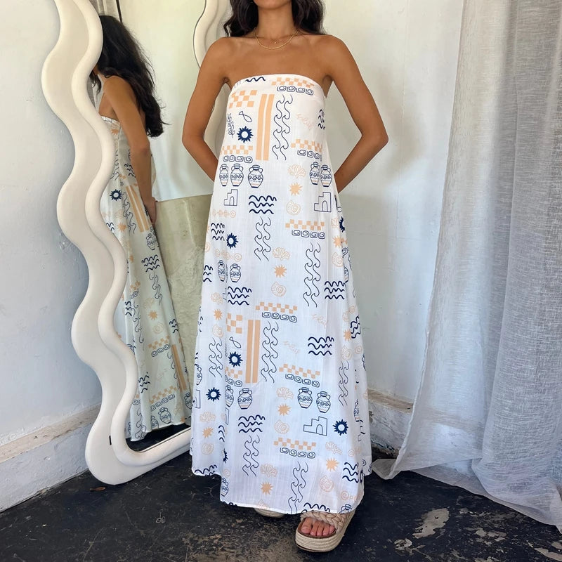 LIZAKOSHT  -  Beach Holiday Strapless Maxi Tube Dress Vintage Fruit Print Backless Swing Loose Dress Women Summer Boho Off Shoulder Long Dress
