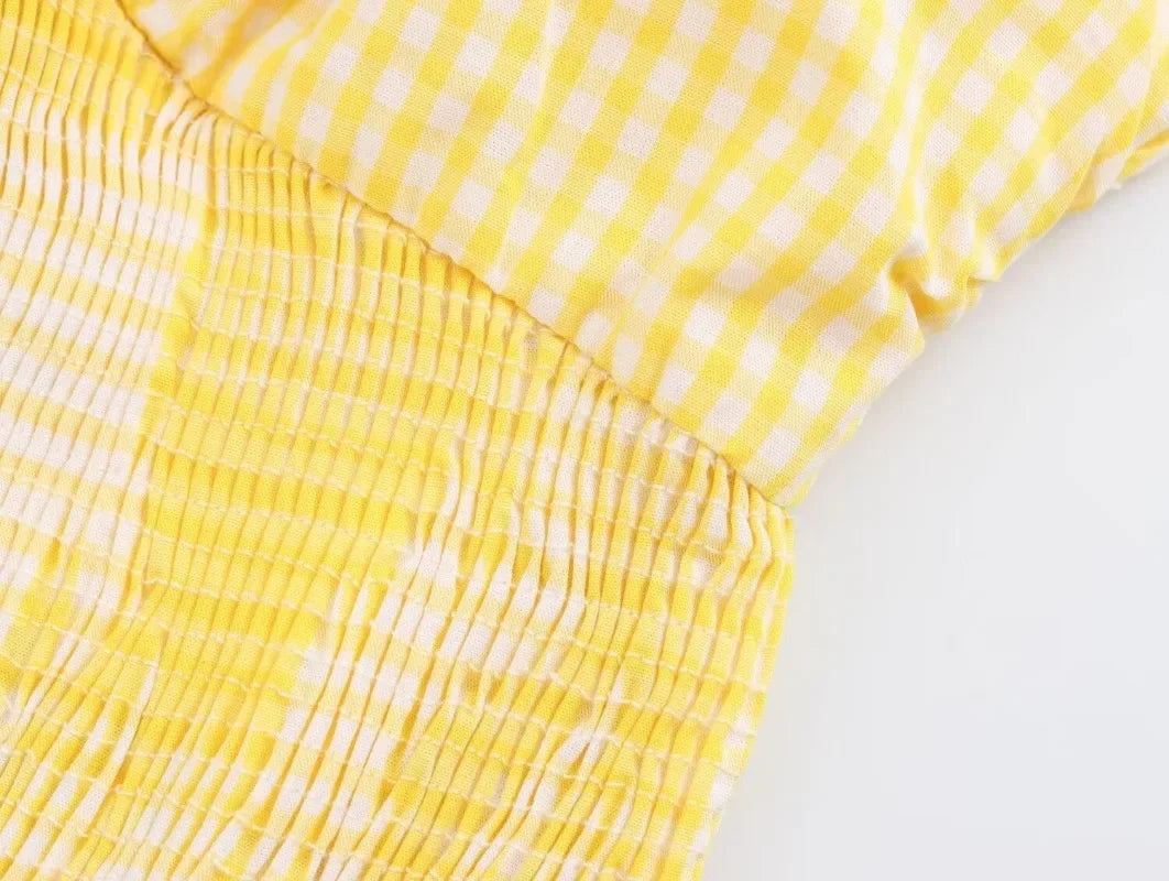 LIZAKOSHT  -  New Fashion Vintage Beach Mini Dress for Women 2024 Summer Holiday Women Casual Small Plaid Bow Yellow Dress Elegant Vestidos