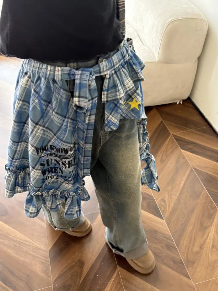 LIZAKOSHT  -  Y2k Aesthetic Plaid Irregular Ruffled Skirts Vintage Women Streetwear Letter Print Faldas Harajuku Grunge Casual Bandage Skirt