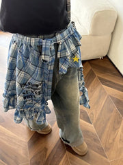 LIZAKOSHT  -  Y2k Aesthetic Plaid Irregular Ruffled Skirts Vintage Women Streetwear Letter Print Faldas Harajuku Grunge Casual Bandage Skirt