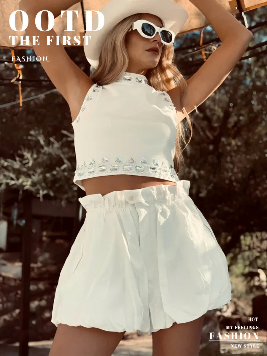 LIZAKOSHT  -  Spring and Summer Women Flower Bud Lantern Cotton Shorts Trend Loose Pleated Pocket Design Solid Versatile Casual Beach Shorts