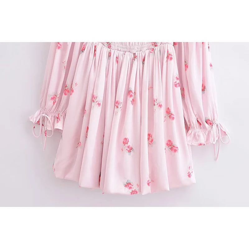 LIZAKOSHT  -  Sweet Women Pink Floral Print Long Sleeve Holiday Party Princess Mini Dress Summer 2024 Robe