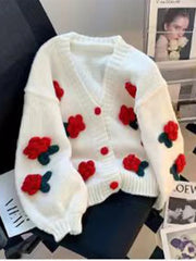 LIZAKOSHT  -  3D Flower Knitted Cardigan Woman Loose Long Sleeves Single Breasted V-Neck Casual Coats Versatile Women's Early Autumn Cardigans