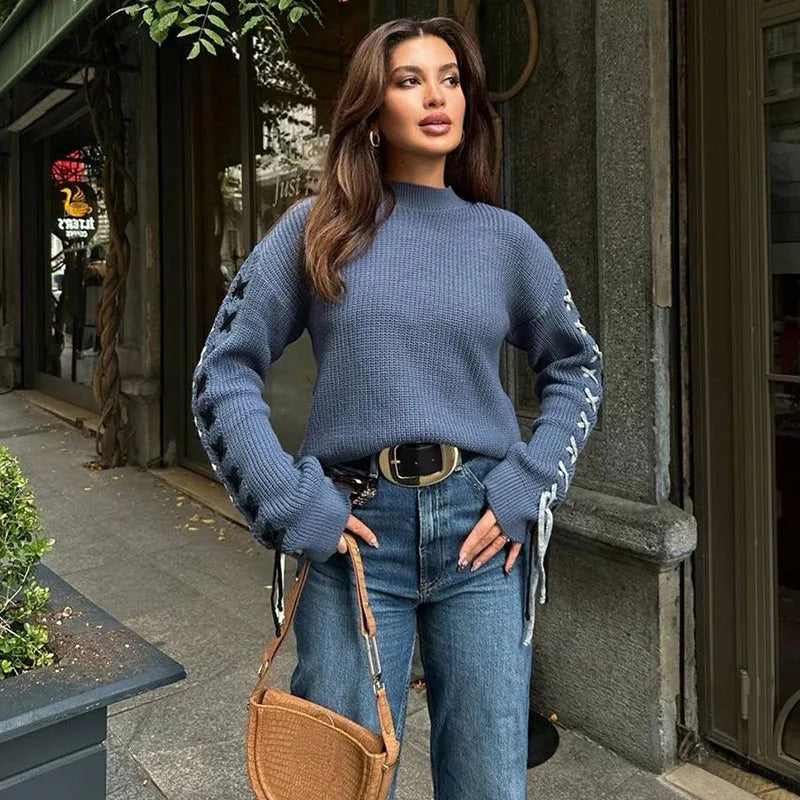 LIZAKOSHT  -  Solid  Loose Round Neck Sweater Women New Fashionable Lace Up Bow Pullover Sweaters Long Sleeved Casual Knitted Tops 2025