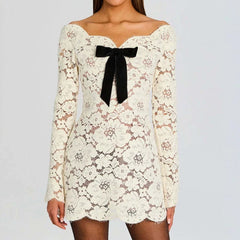LIZAKOSHT  -  Casual Long Sleeve Slim Women Gowns Sexy Off Shoulder Luxury Wedding Mini Dress Elegant Lace Embroidery Solid A-Line Dress