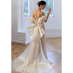 LIZAKOSHT -  Celebrity Dresses Off the Shoulder French Style Detachable Bow Satin Ivory Pearl Mermaid Cocktail Prom Evening Gowns