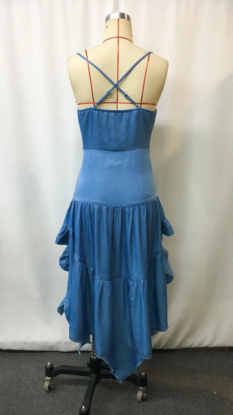 LIZAKOSHT  -  Women's Denim Retro Western Midi Flare Dress with Ruffle Skirt - Vintage Cowboy Style Fall Fashion, Stretch Comfort