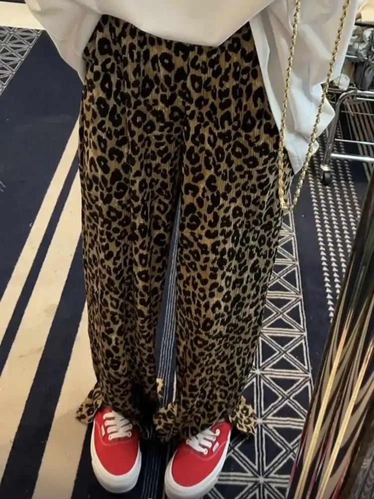 LIZAKOSHT  -  Leopard Print Slit High Waist Wide Leg Pants Fashion Street Loose Casual Pants Retro All-match Trousers Streetwear Women