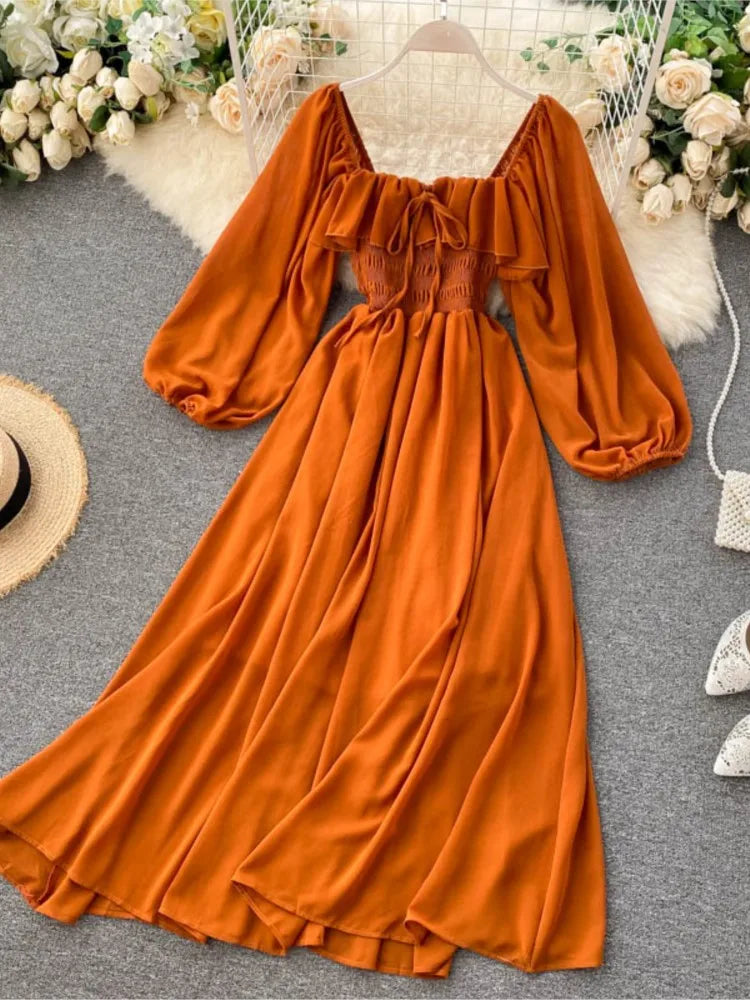 Lizakosht Elegant Square Collar Maxi Dress Women Solid Chiffon Puff Long Sleeve Elasticized Waist Korean Fashion Vintage Ruffle Vestidos